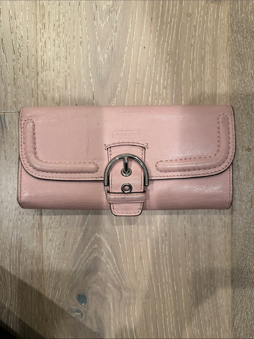 Coach Blush Pink Leather Wallet with Silver Buckle